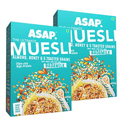 ASAP Wholegrain High Protein Breakfast Muesli with flavour of Badam Milk, 80% Almonds, Raisins and 5 Toasted Grains with Nuts | Omega-3 & Fibre Rich | 420g - Pack of 2