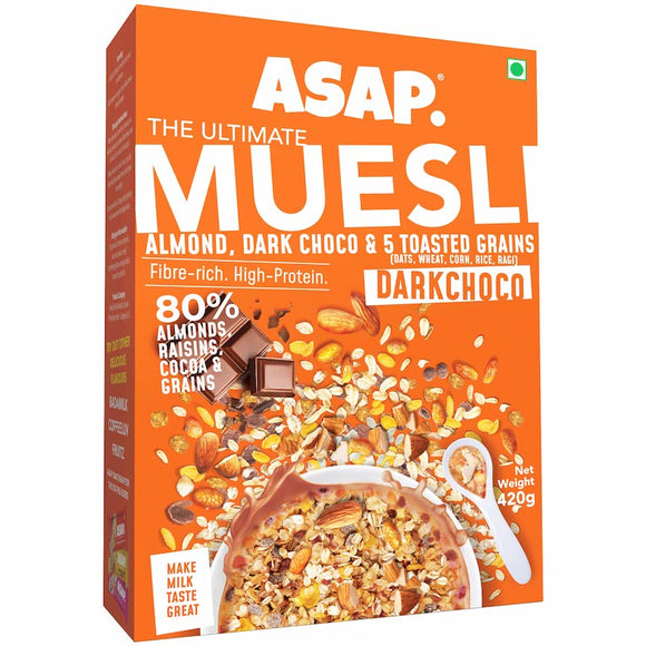 ASAP - Ultimate Muesli - DARK CHOCO Power of 5 toasted grains (Oats, Wheat, Corn, Rice and Ragi), Almonds and Dark Choco Fibre-rich & high-in-protein