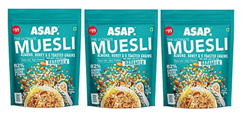 ASAP Wholegrain High Protein Breakfast Muesli with flavour of Badam Milk, 80% Almonds, Raisins and 5 Toasted Grains with Nuts | Omega-3 & Fibre Rich | 120g - Pack of 3