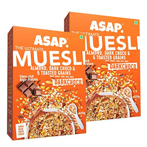 ASAP Wholegrain High Protein Breakfast Muesli with flavour of Dark Chocolate, Almond & 5 Toasted Grains | Omega-3 & Fibre Rich | 420g - Pack of 2