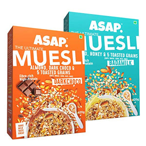 ASAP Wholegrain High Protein Breakfast Muesli with flavour of Dark Chocolate, Almond & 5 Toasted Grains  + Badam Milk, 80% Almonds, Raisins with Nuts | Omega-3 & Fibre Rich | 420g - Pack of 2