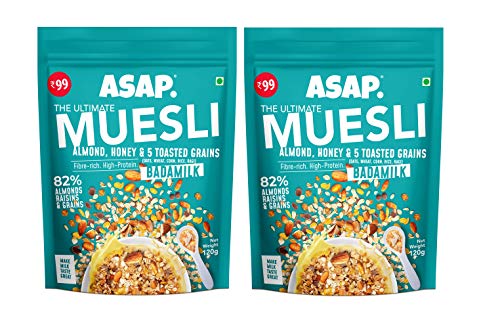 ASAP Wholegrain High Protein Breakfast Muesli with flavour of Badam Milk, 80% Almonds, Raisins and 5 Toasted Grains with Nuts | Omega-3 & Fibre Rich | 120g - Pack of 2