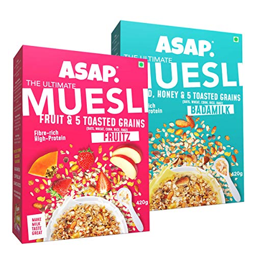 ASAP Wholegrain High Protein Breakfast Muesli with flavour of Fruitz, Oats & White Chocolate  + Badam Milk, 80% Almonds, Raisins with Nuts | Omega-3 & Fibre Rich | 420g - Pack of 2