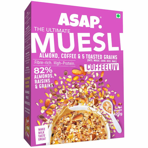 ASAP - Ultimate Muesli - COFFELUV Power of 5 toasted grains (Oats, Wheat, Corn, Rice and Ragi) with the punch of Almonds and Coffee