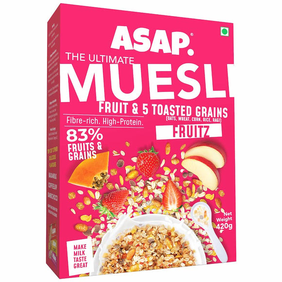 ASAP - Ultimate Muesli - FRUITZ Power of 5 toasted grains (Oats, Wheat, Corn, Rice and Ragi) and Dry Fruits (Strawberries and Raisins)